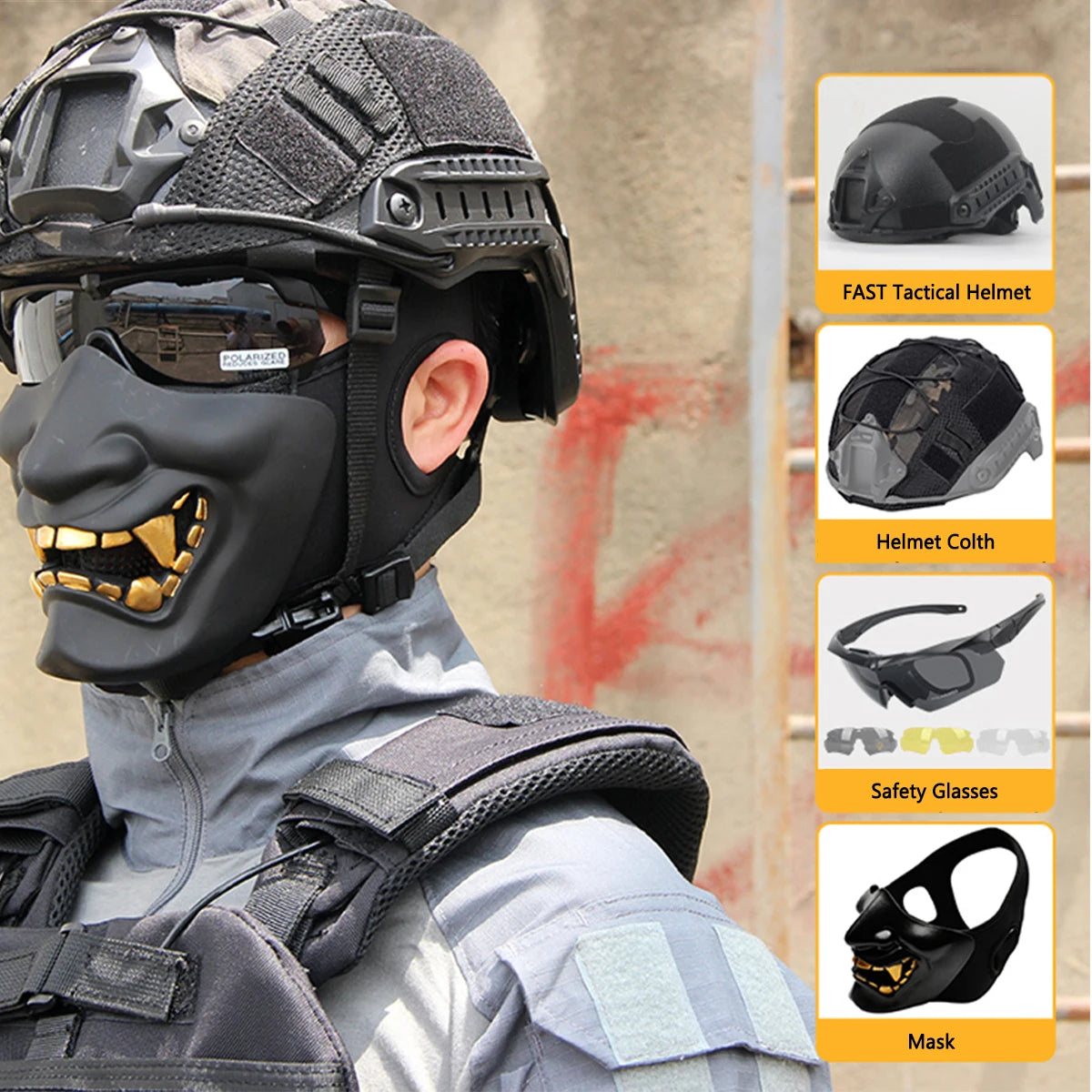 Tactical Helmet Set with Night Vision Device Model Shooting Goggles Flashlight Headset Half Face Mask for Cosplay Paintball