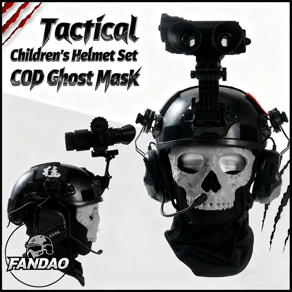 Children's Tactical Helmet Set with Night Vision Goggles Bluetooth Headset Ghost Mask Cod Cosplay Helmet Kit for Kid's Gifts