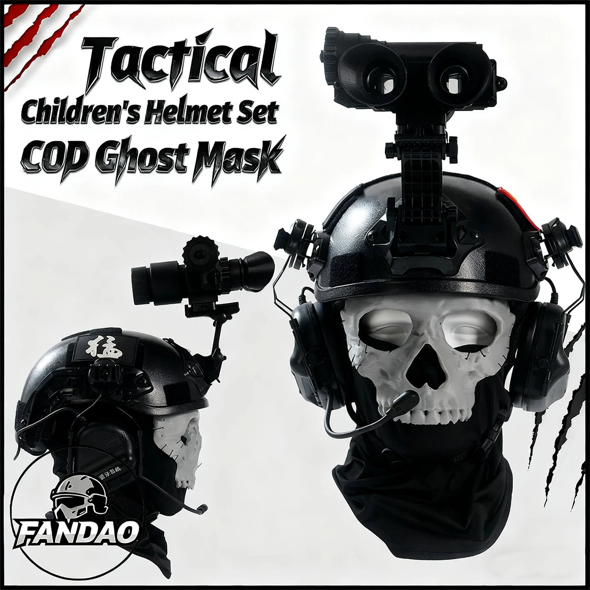 Children's Tactical Helmet Set with Night Vision Goggles Bluetooth Headset Ghost Mask Cod Cosplay Helmet Kit for Kid's Gifts