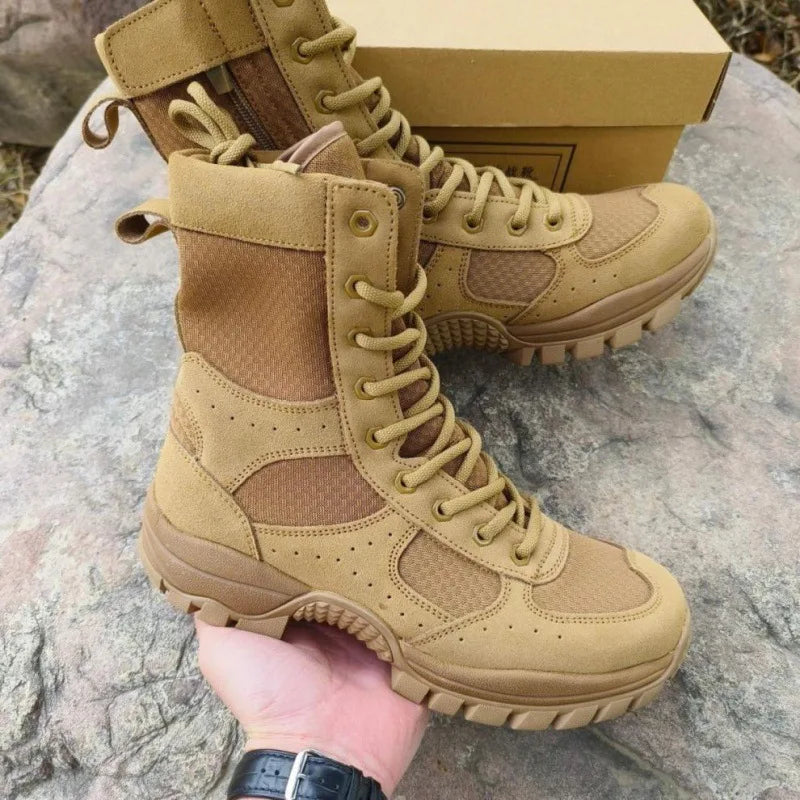 Summer New Leather Brown Combat Boots Zipper Mesh Breathable Outdoor Climbing High Top Security Training Sneakers Ultra Light