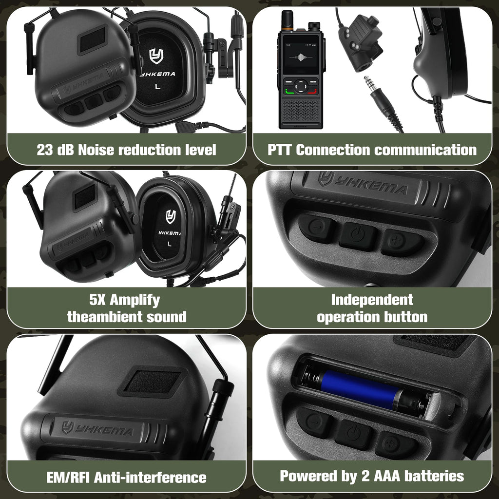 YHKEMA E90 Tactical Headphones Helmet Compatible PTT Active Noise Cancelling Earmuffs for Shooting Hearing Protection
