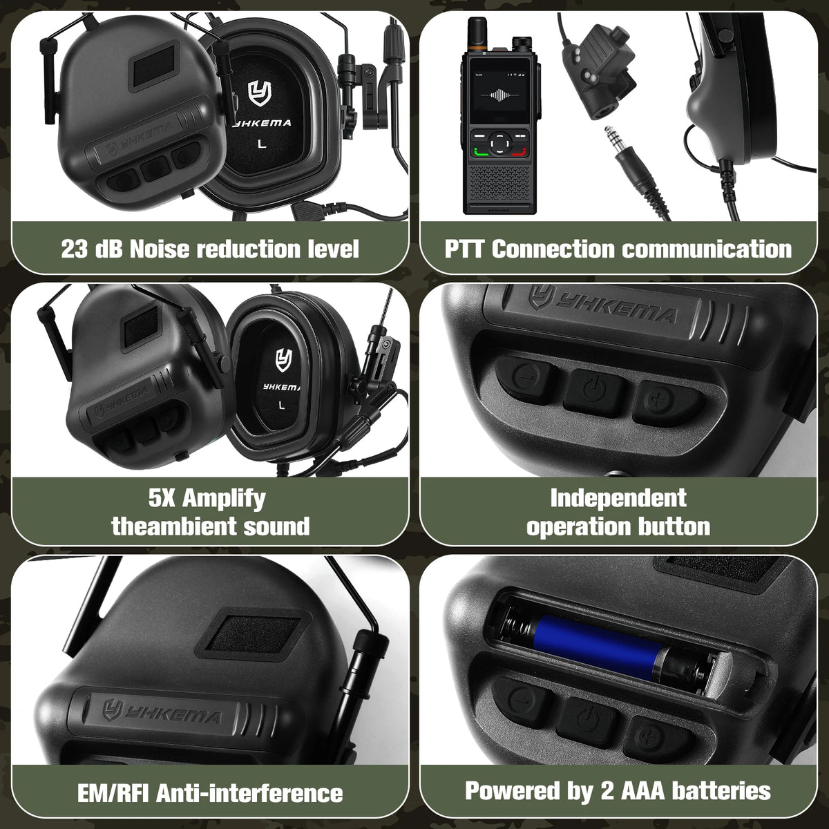 YHKEMA E90 Tactical Headphones Helmet Compatible PTT Active Noise Cancelling Earmuffs for Shooting Hearing Protection