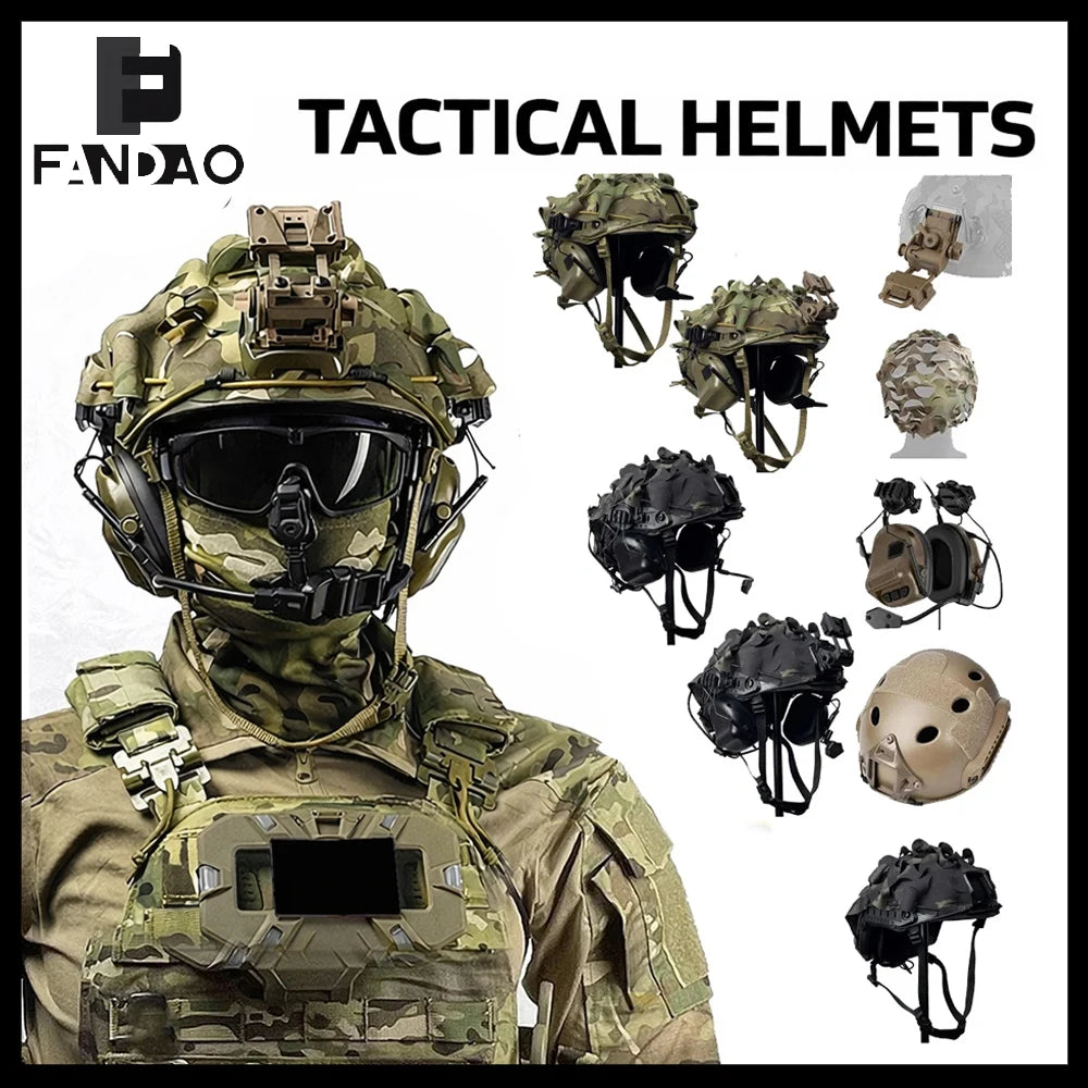 Tactical Airsoft Helmet Set with Communication Headset FAST Camo Helmet Cover L4G24 Bracket for Field Paintball CS Game Cosplay