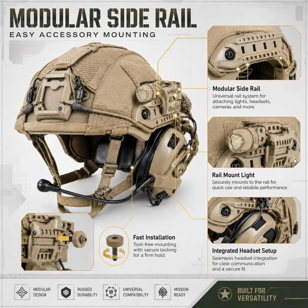 Airsoft Tactical Helmet Set with Headset, Rail LED Light and Mesh Cover, Lightweight FAST Helmet for Paintball Wargame