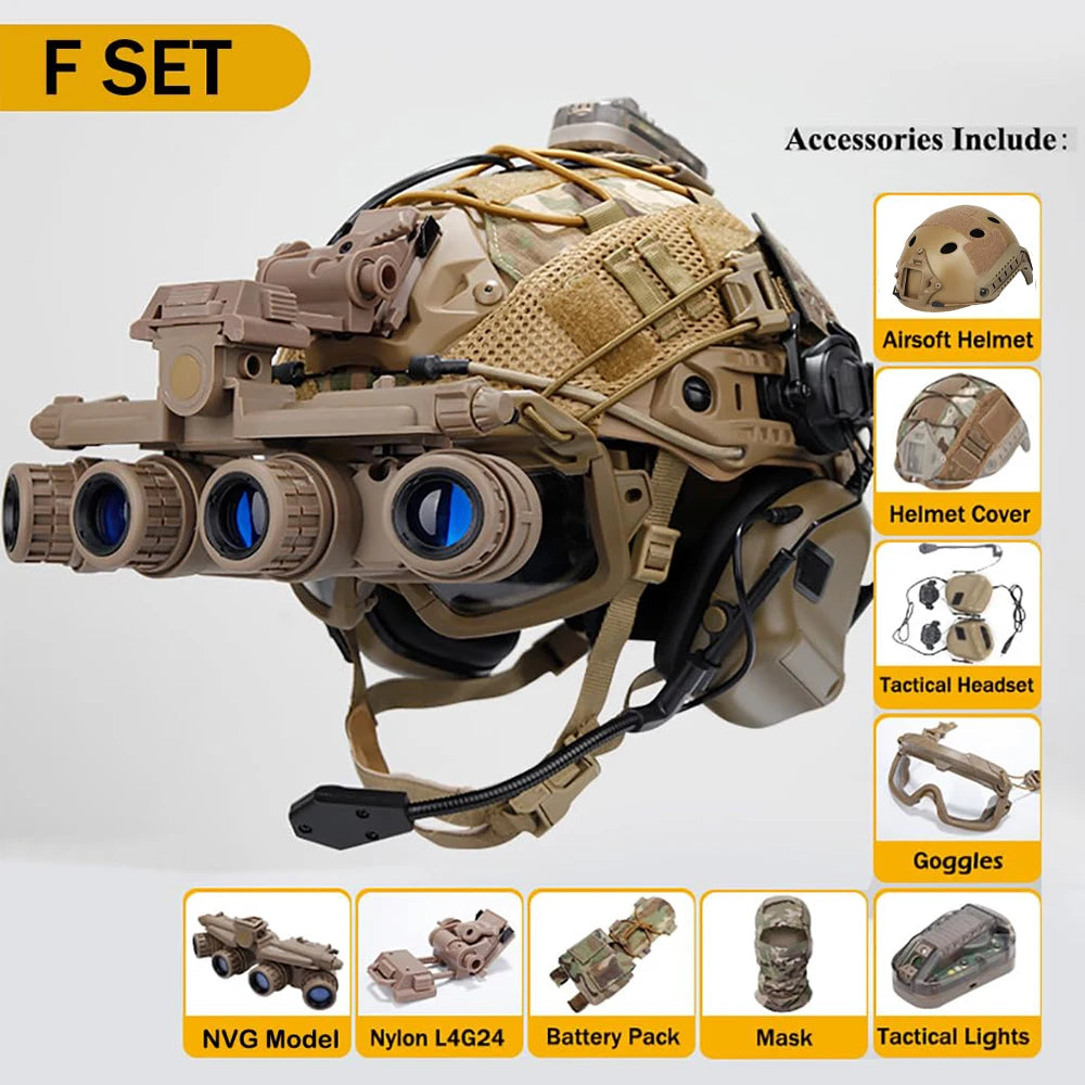 Tactical Fast Helmet Set Adjustable Airsoft Helmet with Headset Goggles Battery Pouch NVG Model L4G24 for CS Hunting Paintball
