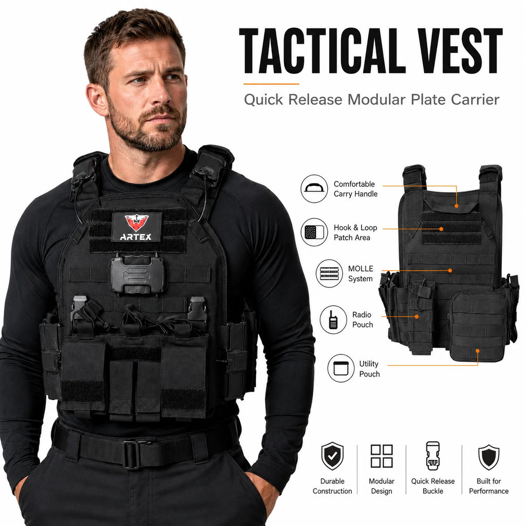 ARTEX 8026 Black Tactical Plate Carrier Vest Quick Release MOLLE Modular Gear for Airsoft Paintball Hunting Outdoor Training