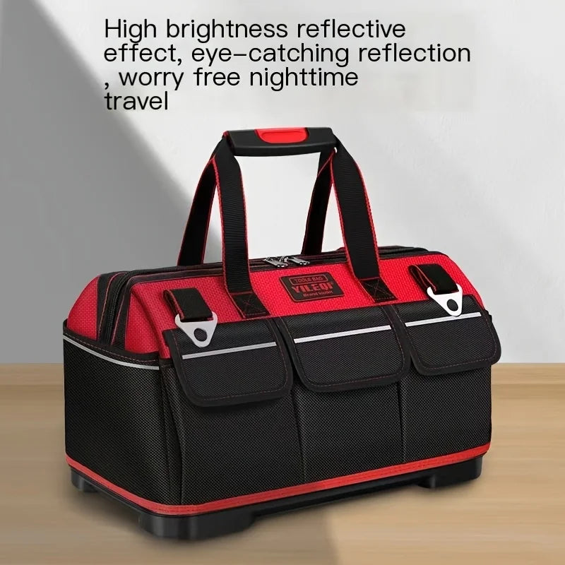 A Red Electrician'S Tool Bag Available in 17-Inch, 19-Inch, And 23-Inch Sizes, Featuring a Large Pocket Made of Canvas And Oxford Cloth, Designed for Heavy-Duty Use. It'S Suitable for Electricians, Home Improvement, Fishing, And Various Repair Tasks
