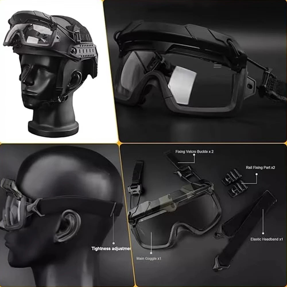 Tactical Helmet Set with Airsoft Goggles Headset LG24 Mount Identification Light Battery Pouch Camera Model Balaclava Mask
