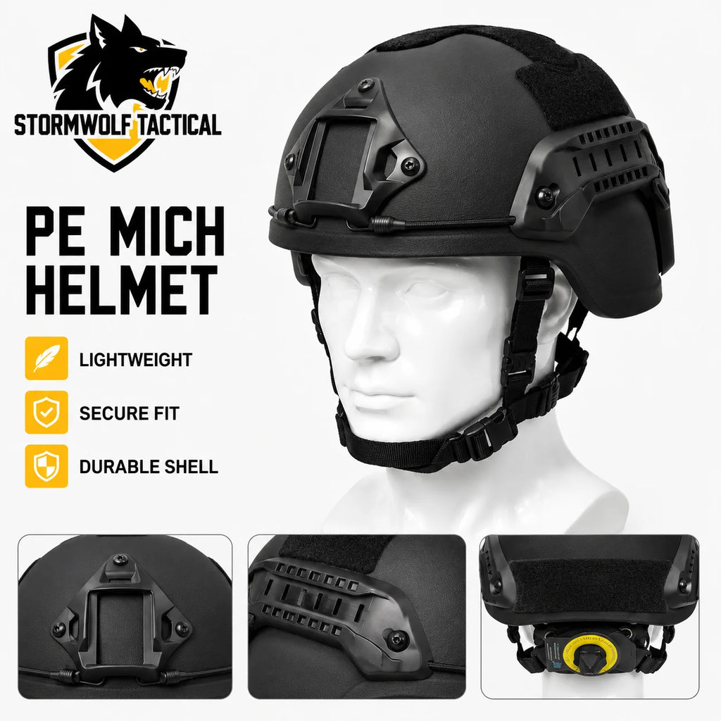 PE MICH Style Outdoor Sports Helmet Lightweight Headgear with Adjustable Suspension Liner Side Rail for Training