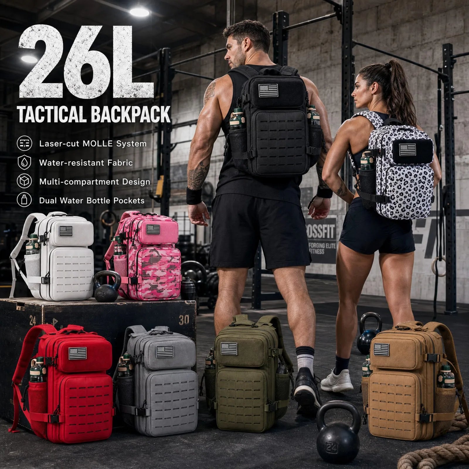 26L Tactical Travel Backpack for Men with Dual Cup Holders, MOLLE Outdoor Hiking Rucksack for Fitness Gym, Camping & Daily Commute