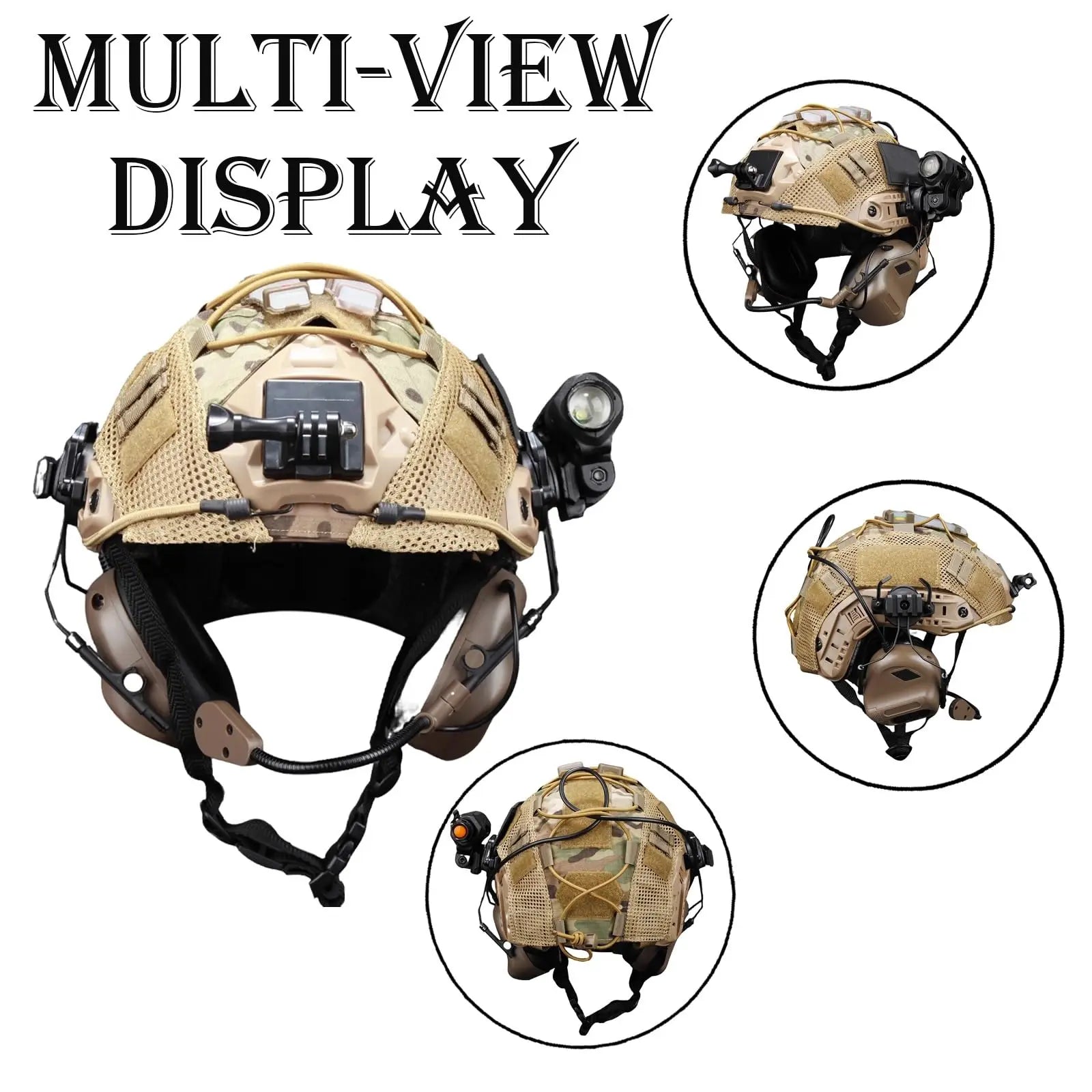 Tactical Helmet Set 6-in-1 Fast Airsoft Helmet Kit with Communication Headset Signal Lights Flashlight for CS Paintball Hunting