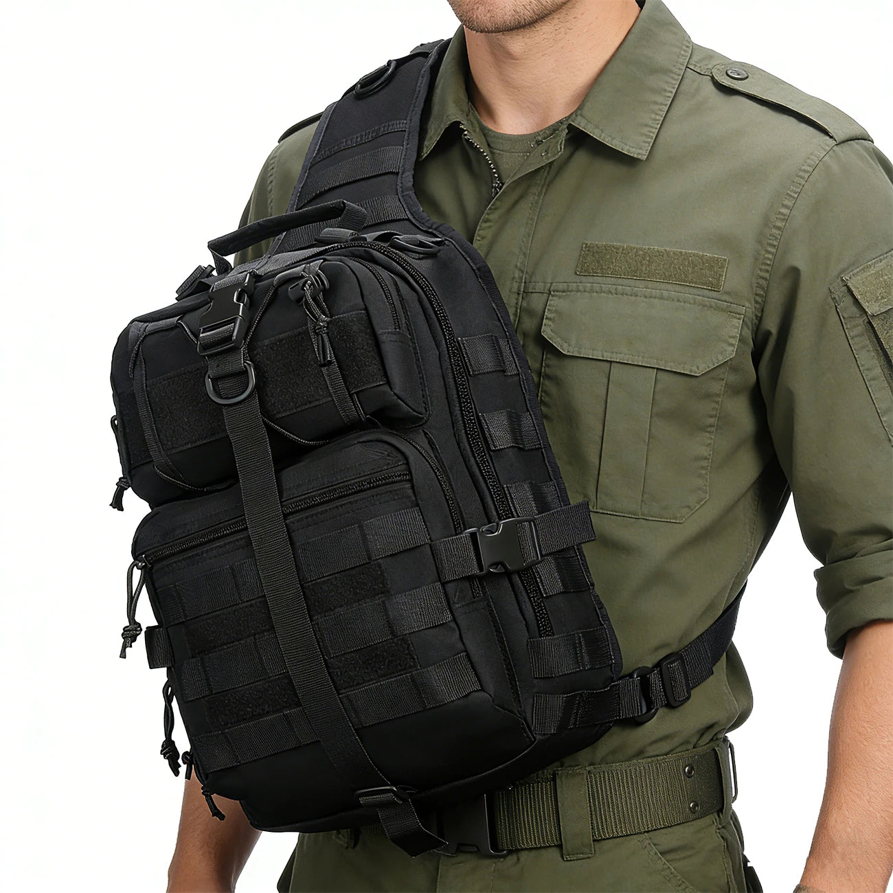 Large capacity shoulder crossbody bag and chest bag with multiple zipper compartments and MOLLE expansion system