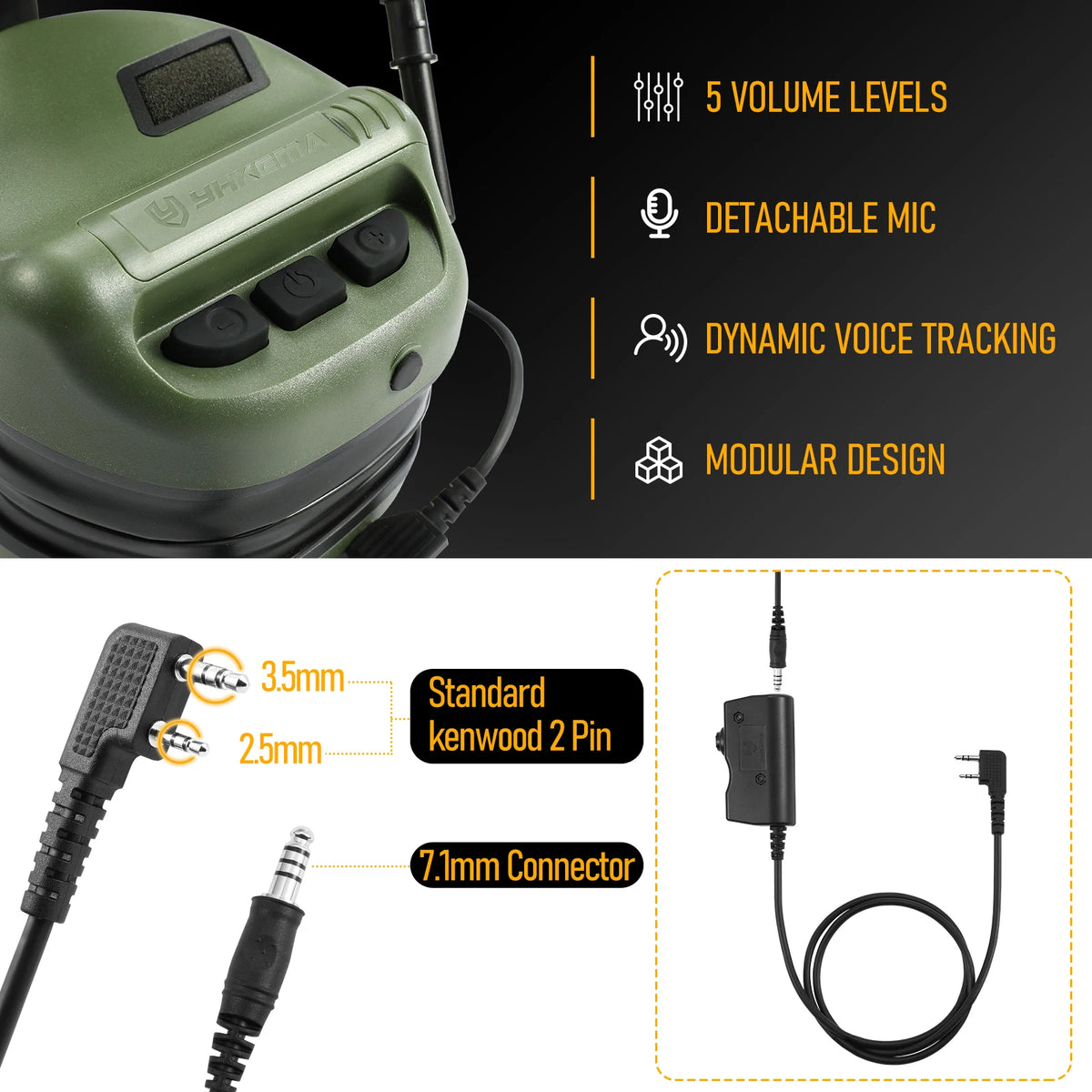 YHKEMA E70 Tactical Headset Hunting Shooting Noise Cancelling Headphones with Brackets Fit for Wendy M-LOK ARC Helmet