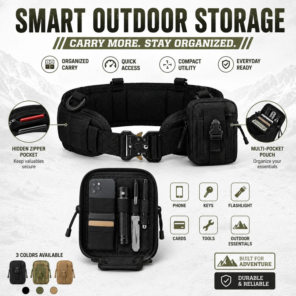 Tactical Waist Belt with Detachable Pouch Quick Release Buckle Outdoor Utility Gear for Hiking Camping Fishing Military Training