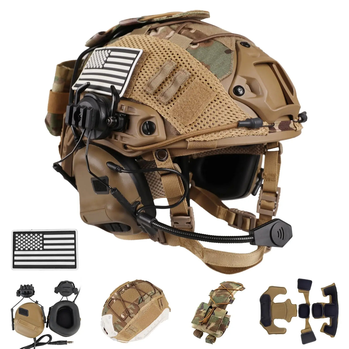Tactical Helmet Set Adjustable FAST Protective Helmet with Headset Survival Light NVG Model Signal Light for CS Airsoft Cosplay