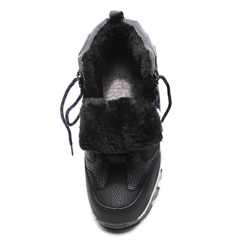 2025 New Warm Fur Leather Hiking Boots Mens Winter Outdoor Warm Fur Non Slip Black Hunting Boots Rubber Snow Boots Male Trekking