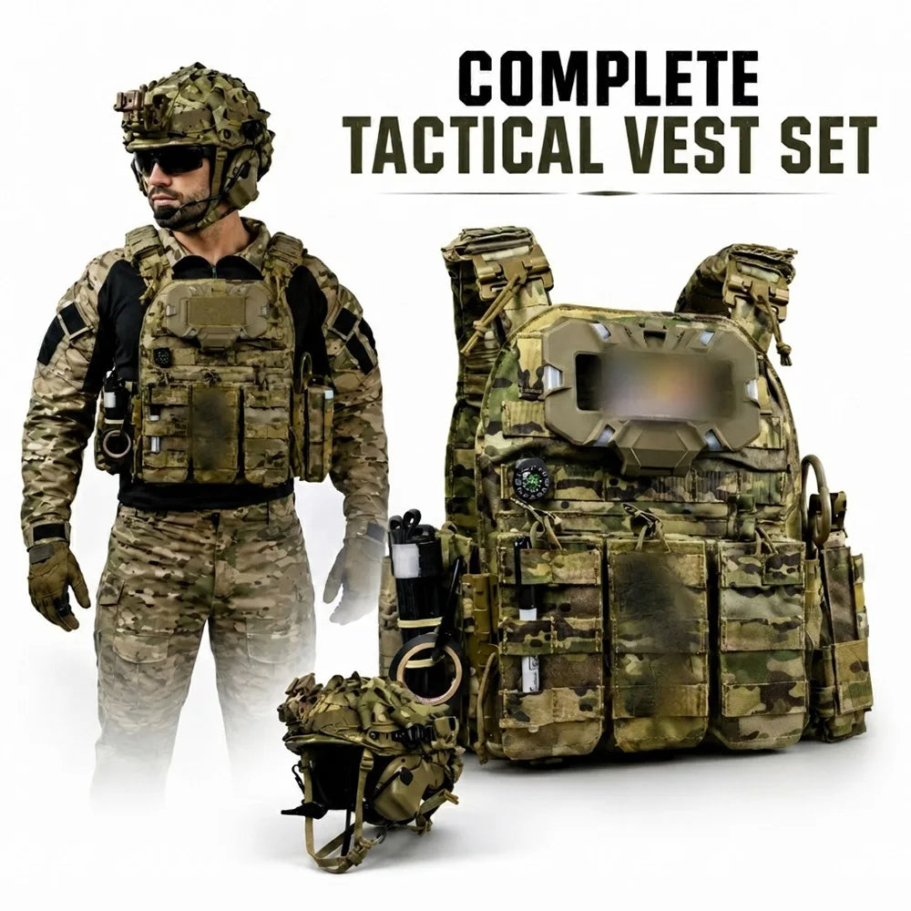 Complete Camo Quick Release Vest Set with FAST Helmet Full Airsoft Cosplay Gear for CS Wargame Role Play Halloween Party Props