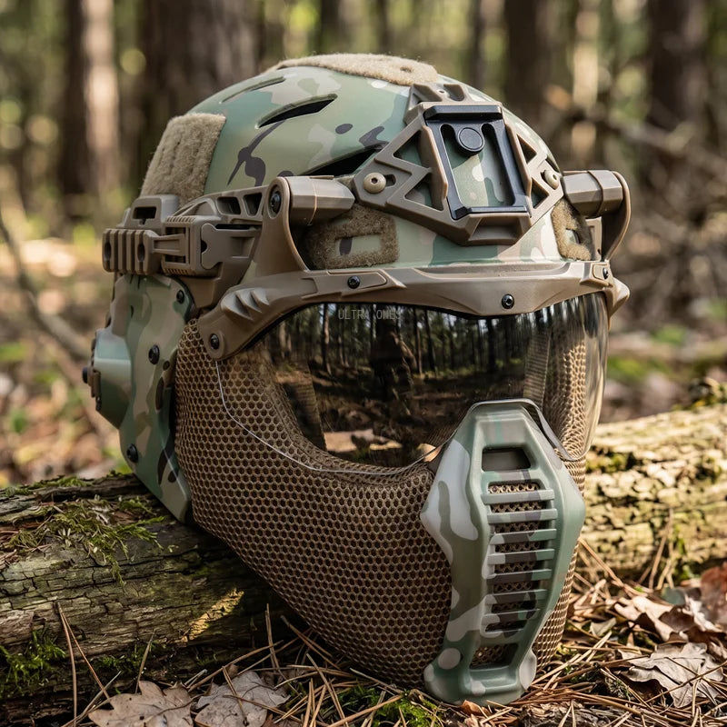 Tactical Full Protective Helmet with Half Face Mask Mouthguard/Flip Goggles/Ear Cover Hunting Airsoft Paintball Wendy 3.0 Helmet
