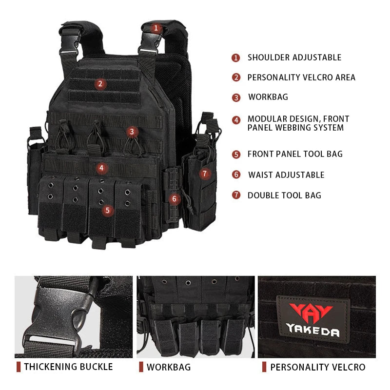 YKEDA 1000D Nylon Plate Carrier Tactical Vest Outdoor Hunting Protective Adjustable Molle Vest for Airsoft Combat Accessories