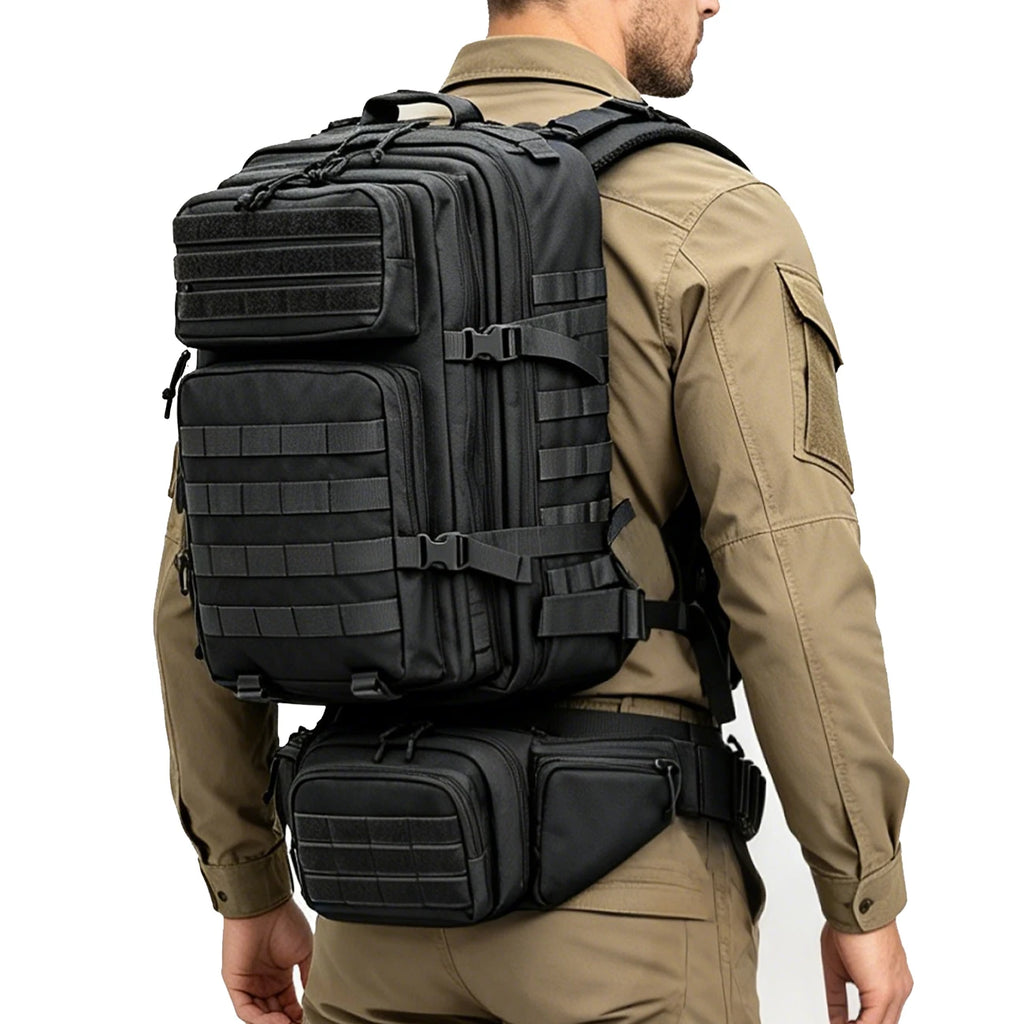 Large capacity backpack+matching adjustable waist bag, rich internal compartments, strong expandability, quick buckle strap