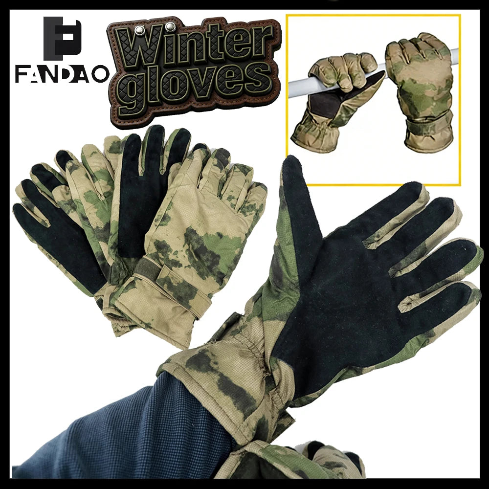 Russian Ruins Camouflage Tactical Gloves Airsoft Winter Thickened Five Finger Cold Gloves for Paintball Hunting Hiking Camping