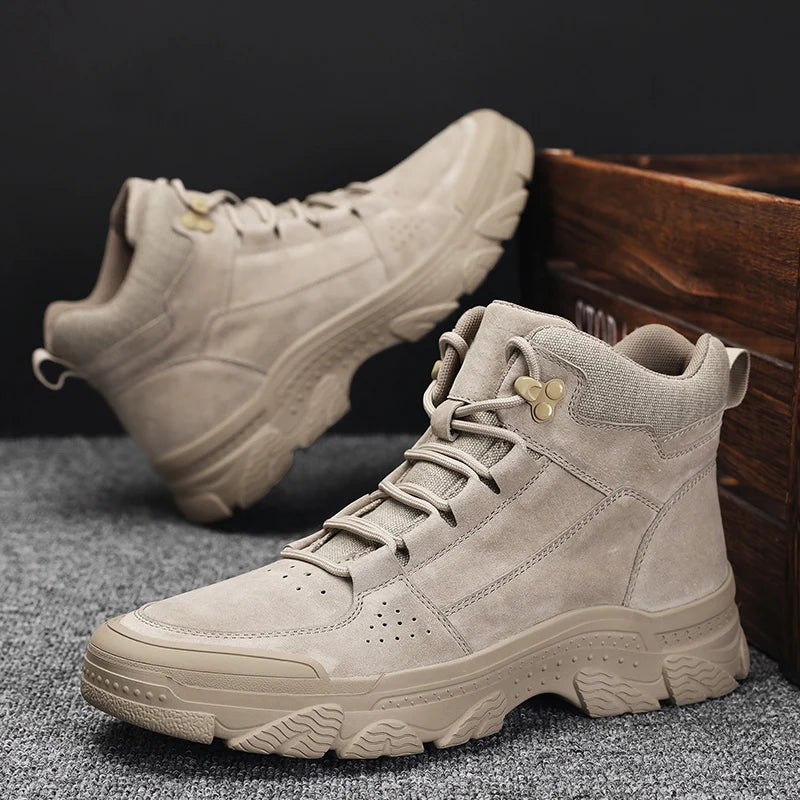 Suede Leather Ankle Boots for Men Hand High-top Hiking Shoes Outdoor Non-slip Male Motocross Boots Versatile Leisure Walk Botas