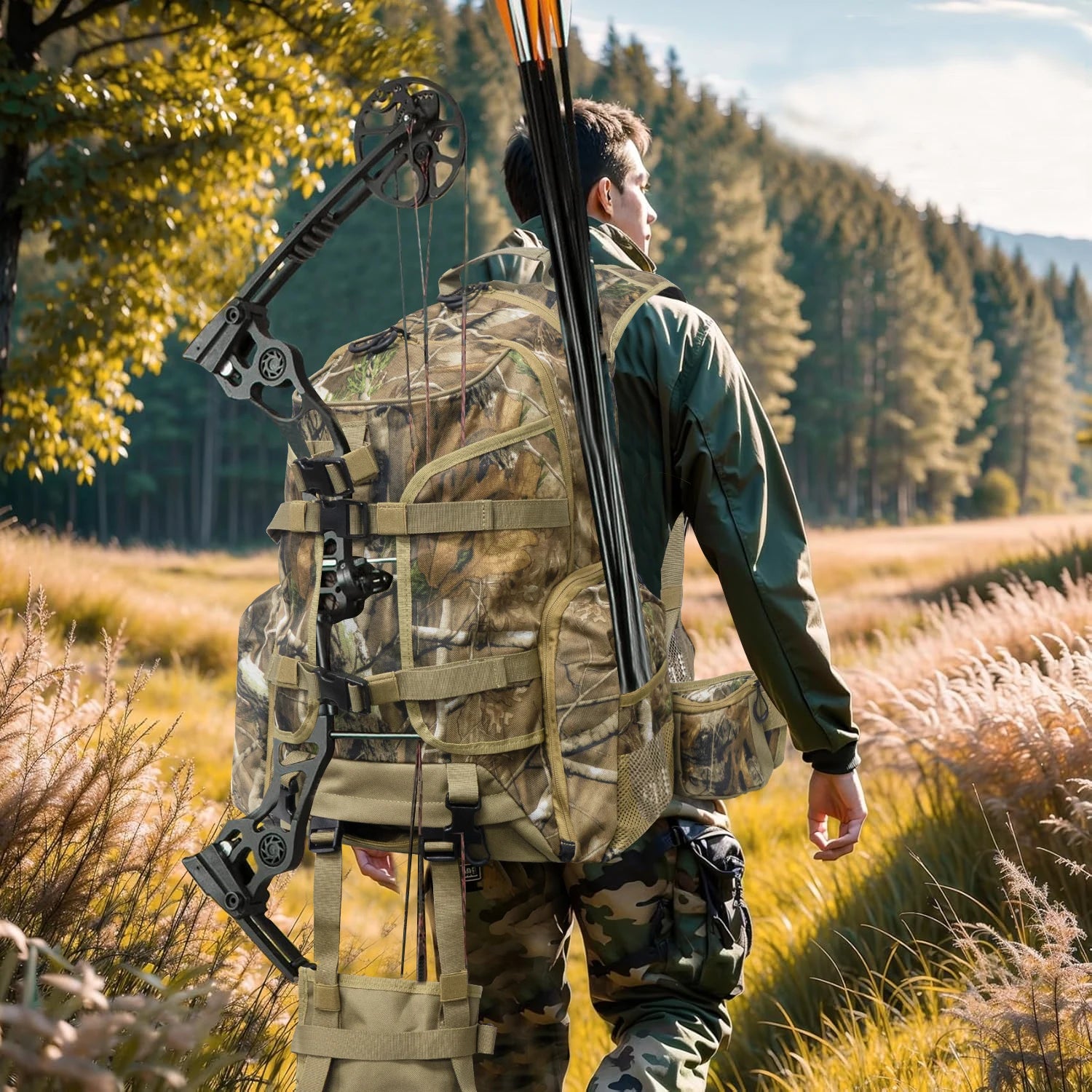 WESTTUNE Hunting Backpack Outdoor Hunting Pack with Rifle Holder Waterproof Camping Strategic Backpack for Bow Gun Carry System