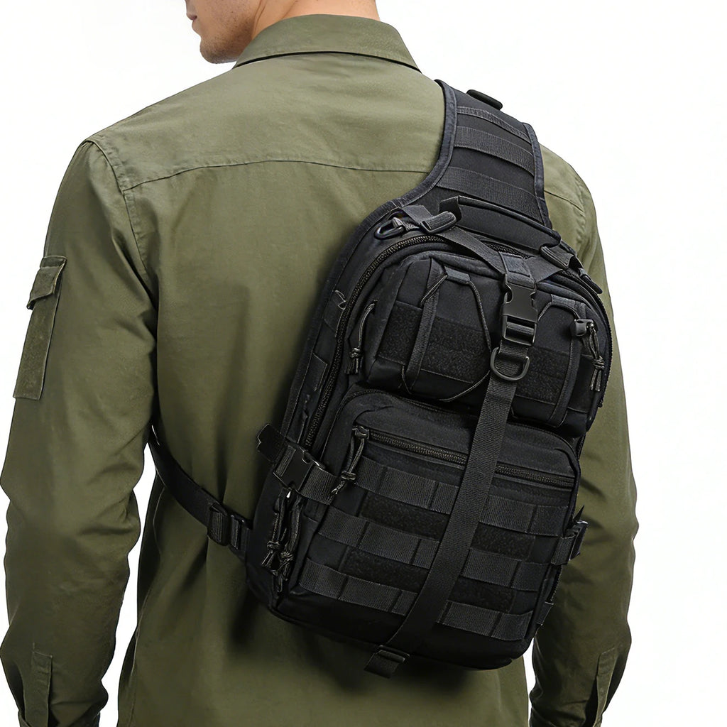 Large capacity shoulder crossbody bag and chest bag with multiple zipper compartments and MOLLE expansion system