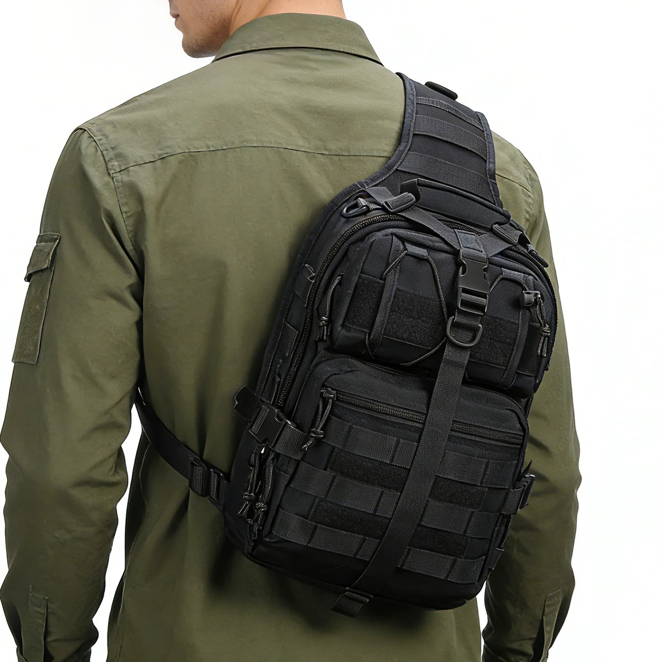 Large capacity shoulder crossbody bag and chest bag with multiple zipper compartments and MOLLE expansion system