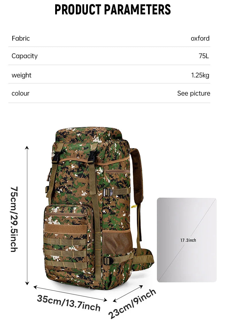 Camouflage Custom Mountaineering Bag Men 70 Liters Oxford Luggage Rucksack Outdoor Travel Backpack MOLLE Tactical Backpack Bag