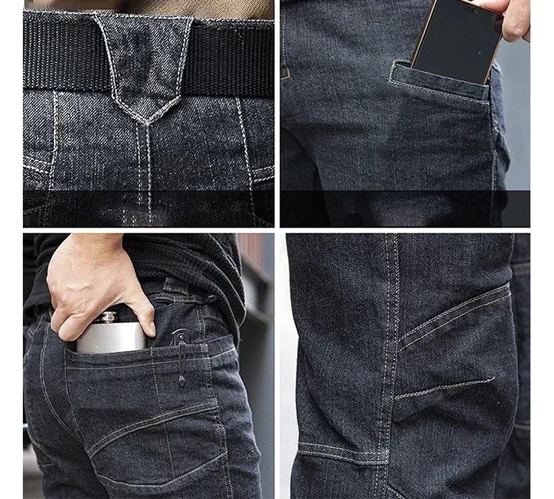 Mens Hunting Tactical Jeans Pant Wearable Elasticity Hiking Outdoors Denim Pants Cotton Multi Pocket Jeans Men Joggers Hombre