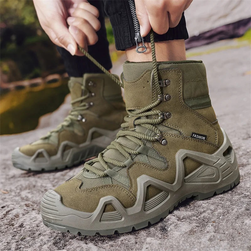 Outdoor Suede Leather Hiking Shoes Men Non-slip Training Mountain Trekking Boots Men Green Combat Tactical Boots Plus Size 46