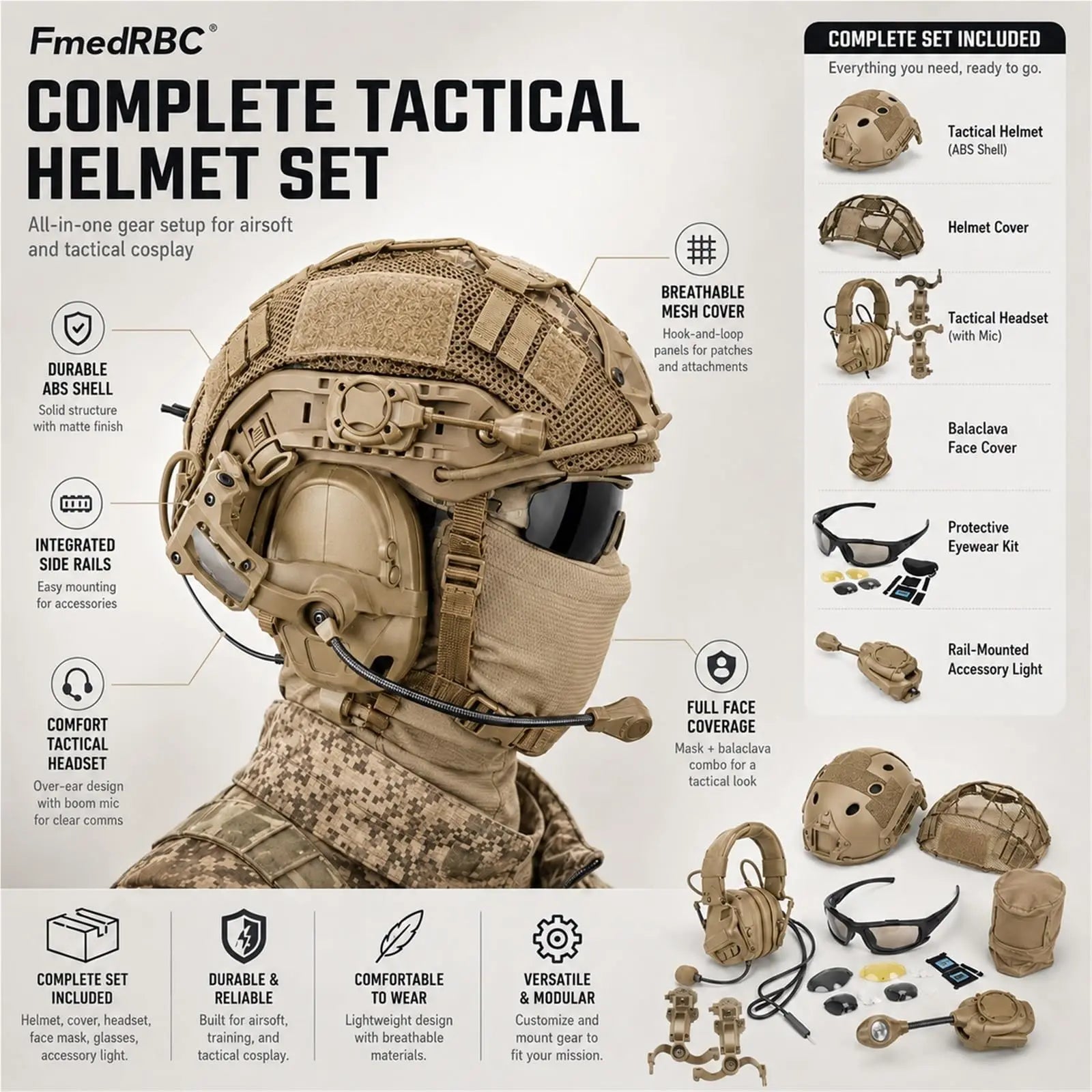 Tactical Airsoft Helmet Set with Dummy NVG Model & Communication Headset, Paintball Combat Protective Gear for Cosplay Movie Pro