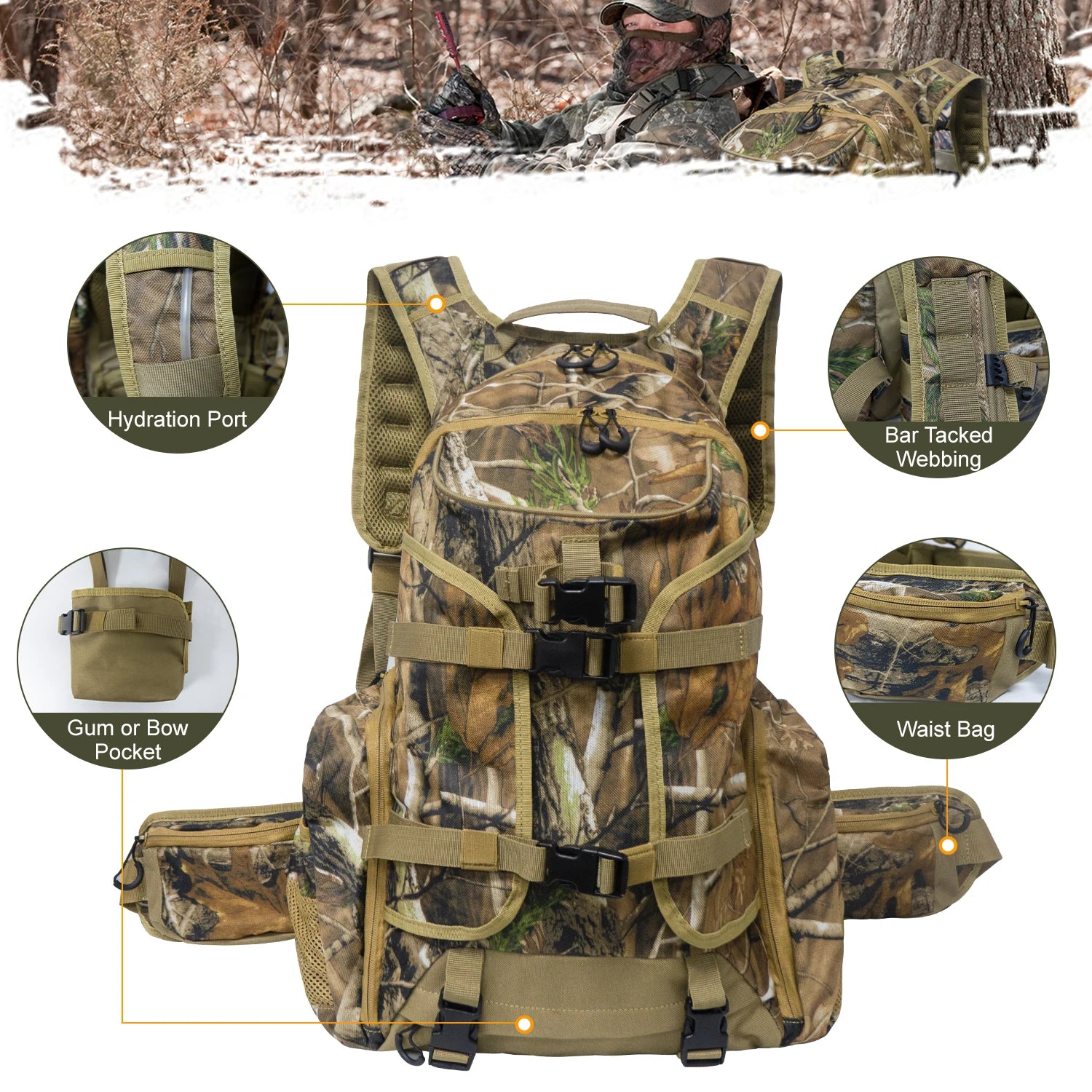 WESTTUNE 35L Outdoor Backpack Waterproof Camouflage Camping Hiking Backpack Hunting Tactical Backpack for Bow Gun Carry System