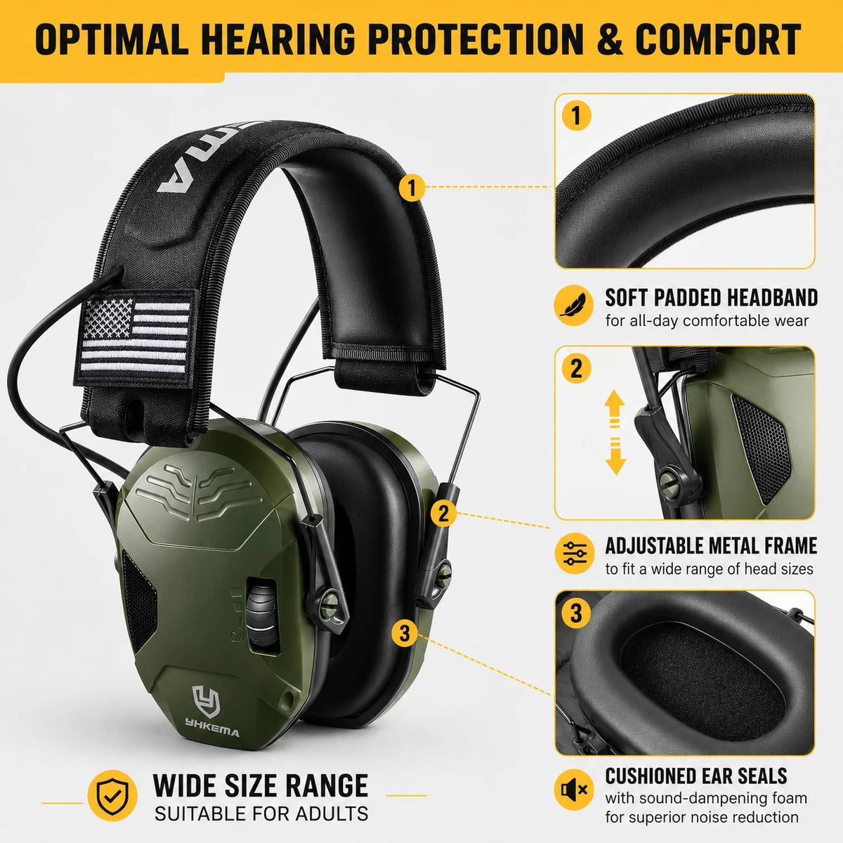 YHKEMA E60X Electronic Shooting Earmuff Anti-noise Headphone Sound Amplification Hearing Protection Headset Foldable with case