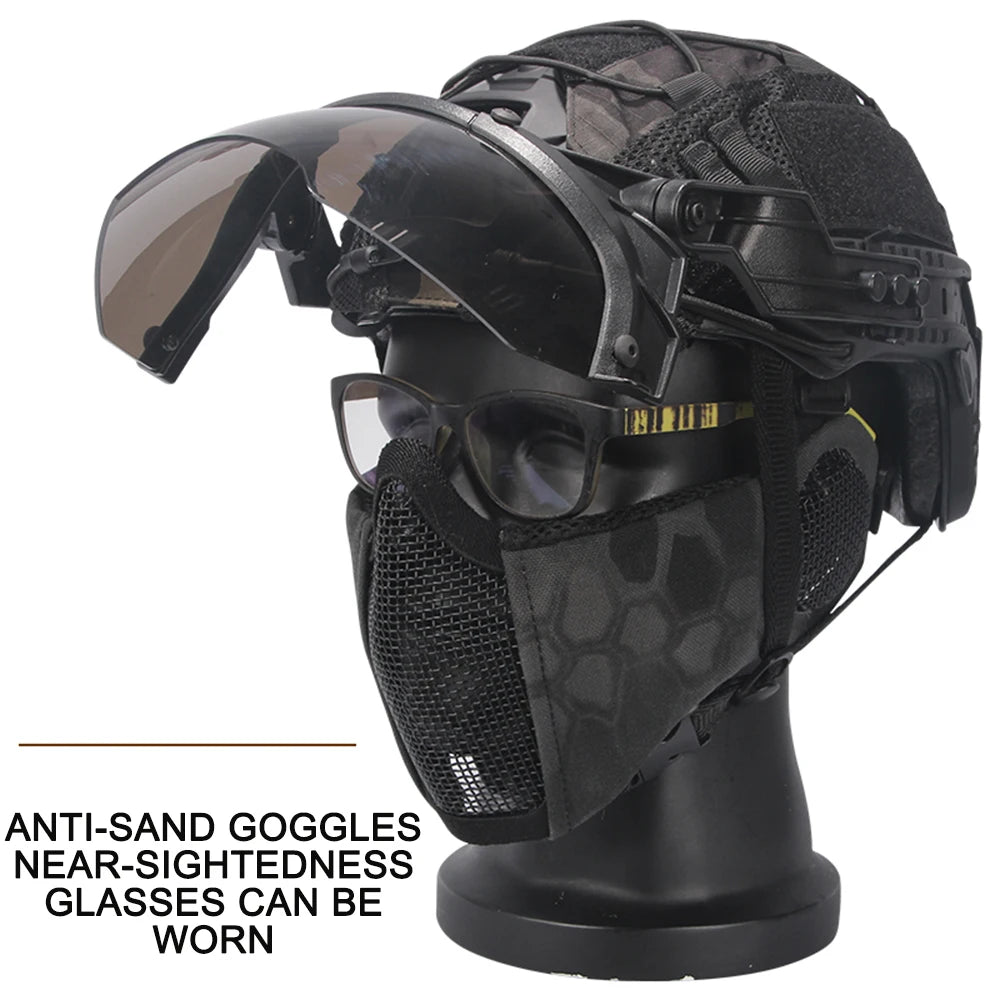 FAST Tactical Airsoft Helmet Set with Helmet Cover Mesh Mask 90° Adjustable Goggles For Outdoor Sport Hunting Paintball Shooting