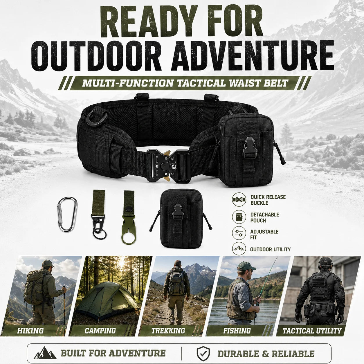 Tactical Waist Belt with Detachable Pouch Quick Release Buckle Outdoor Utility Gear for Hiking Camping Fishing Military Training