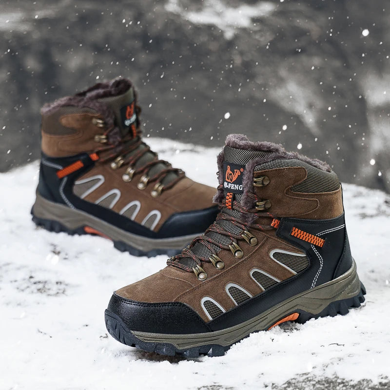 Men Hiking Boots High Top Anti Slip Winter Warm Comfort Plush Breathable Ankle Boots Outdoor Thick Sole Snow Boots for Man