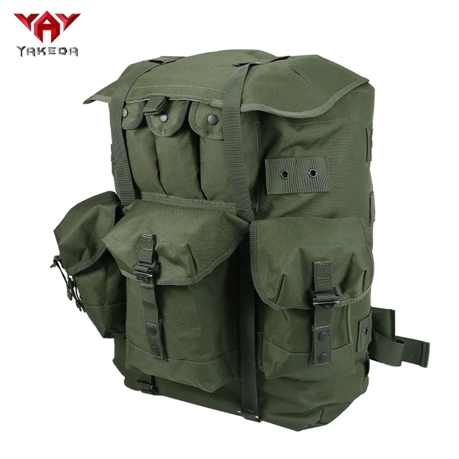 Hot selling iron frame olive green backpack for mountaineering, large capacity camping supplies backpack