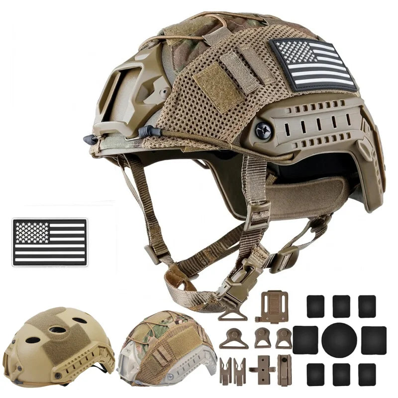 Airsoft Helmet, Fast PJ Type Tactical Paintball Helmet with Helmet Cover & Buffer Pads for Airsoft Paintball Cosplay Training