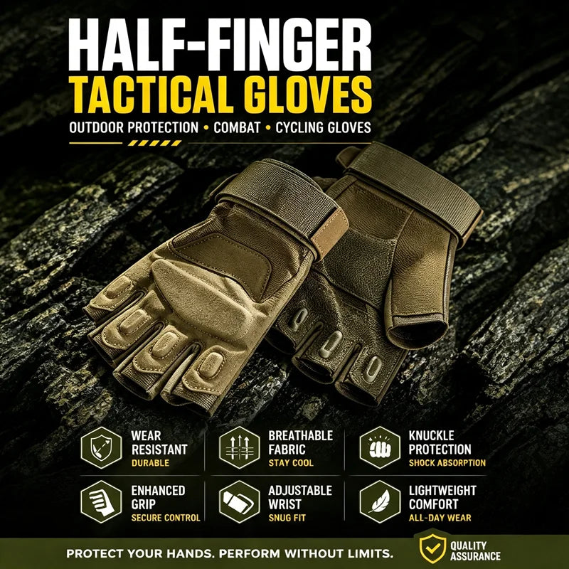 Tactical Half‑Finger Gloves for Men Adjustable Wrist Strap Shock Absorbing Gloves for Cycling Shooting Camping Work