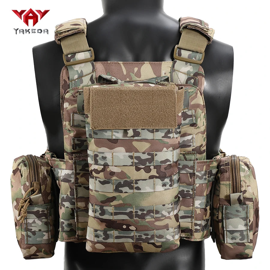 YAKEDA The six piece hunting vest comes with a triple equipment bag and a large miscellaneous bag hanging from the back