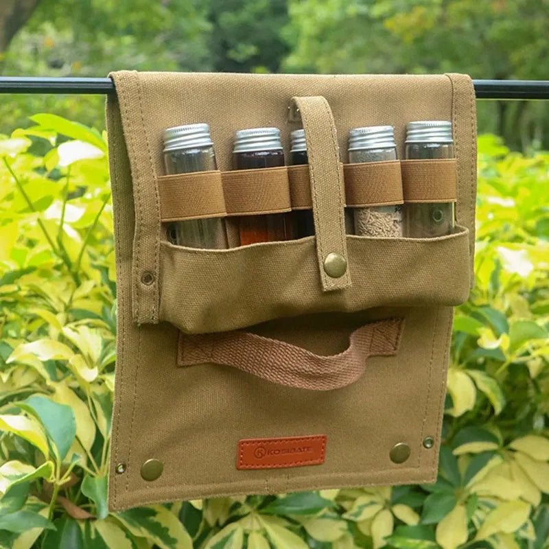 Portable Canvas Spice Storage Bag 10Pcs Seasoning Bottles Outdoor Camping BBQ Travel Condiment Container Organizer Kit