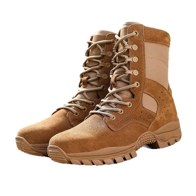 Men's Brown Tactical Boots Suede Cowhide Side Zipper Desert Boots Puncture Resistant Water Repellent For Hiking Camping Hunting