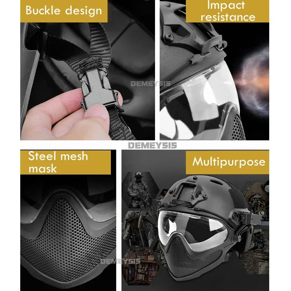 Tactical Helmet + Mask + Goggle Sets Outdoor Airsoft Paintball Helmet with Goggles FAST PJ Helmets CS Game Full Face Cover