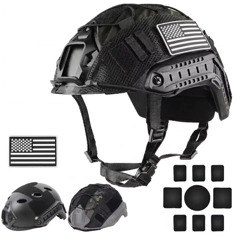 Tactical Fast PJ Helmet with Helmet Cover Pads Airsoft Paintball Combat Training Protection ABS Helmet with Magic Patches