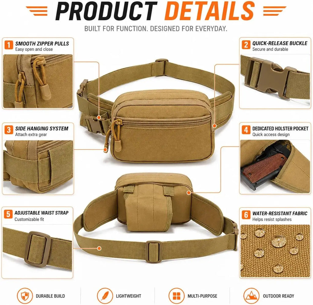 Concealed Carry Fanny Pack with Pistol Pouch Tactical Waist Bag for Men Anti-Theft Hidden Gun Pocket 1000D Nylon EDC Waist Pack
