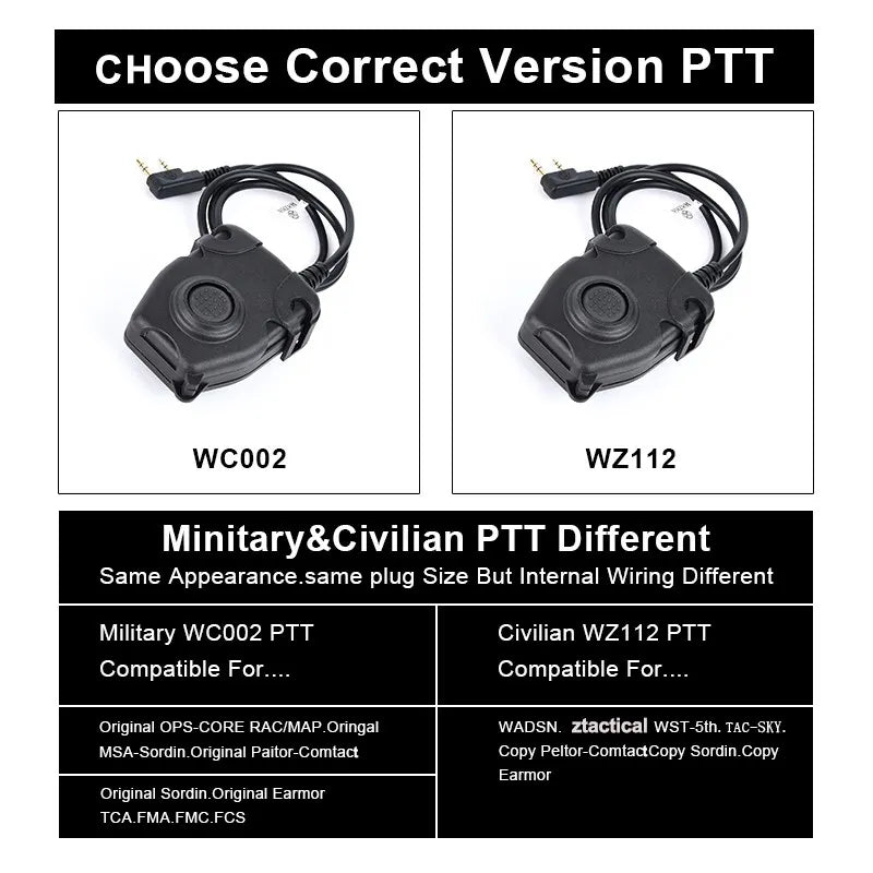 WADSN Tactical PTT Push-Talk Button C2 Headset CII III Headphone With Motorola Kenwood Icom Midland Plug fit for Baofeng Radio