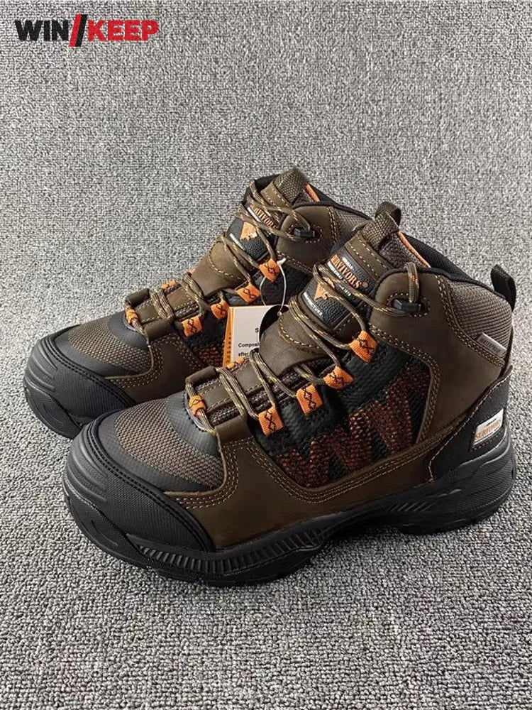 Men Outdoor Sneakers Spliced Cow Leather High Top Hiking Shoes Anti Skid Platform Waterproof Camping Shoes Sports Trekking Shoes