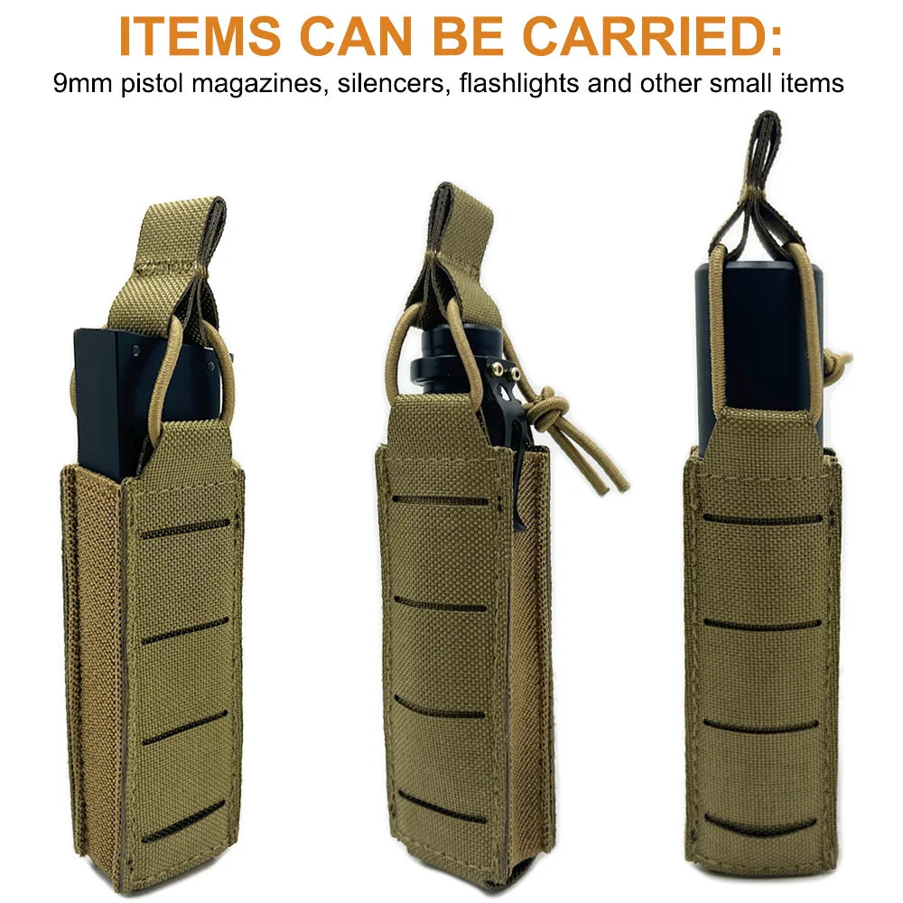 Tactical Pistol Magazine Pouch 9mm Extended Single Mag Pouch Molle Tool Flashlight Torch Holder Hunting Airsoft Accessories